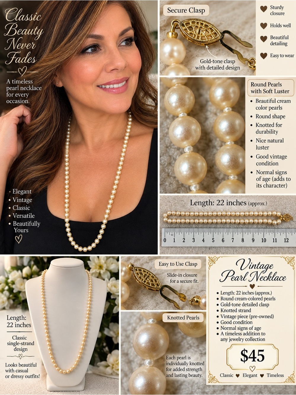 Vintage Cream Pearl Necklace with Gold-Tone Clasp
